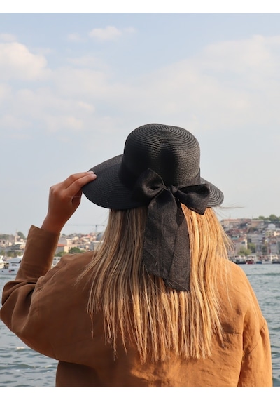 Uniquetrenders Kadın Organik Hasır Fiyonklu Şapka Siyah