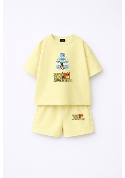 Fasardi Super Bear Adventure Süper Ayı Baskılı Oversize %100 Pamuk Kısa Kollu Unisex Çocuk T-shirt Limon