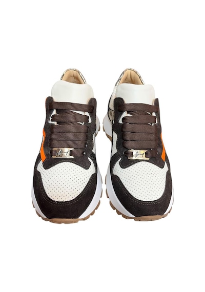 Krem Hakiki Deri Kahve Garnili Comfort Taban Bağcıklı Sneaker Krem