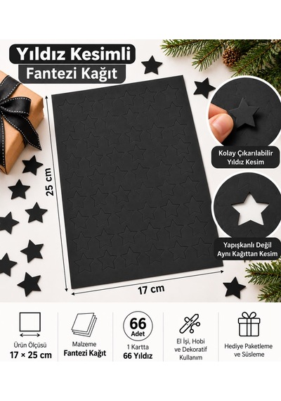 Hazır Kesim Kağıt Yıldız Desen 66 Adet Siyah Fantezi Kağıt Süs, Hediye Paketleme, Dekorasyon Ve Hobi
