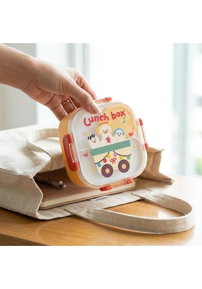 600 Ml Yemek Kabı, 4 Bölmeli Kilitli Lunch Box, Kaşık Dahil Renkli Desenli Saklama Ve Taşıma Kabı, 14x14x8 Cm Çok Renkli