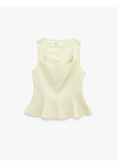 Koton Kolsuz Kare Yaka Peplum Keten Bluz Ada Çayı 6sak30090pw Açık Yeşil