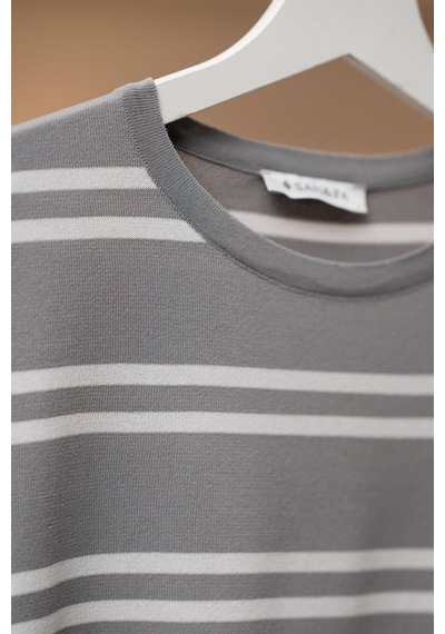 San&fa Bisiklet Yaka Çizgili Rayon Kumaş Slimfit T-shirt Gri