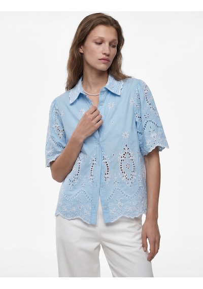 Koton Pamuklu Klasik Yaka Brodeli Kısa Kollu Oversize Gömlek Mavi 6sak60240uw