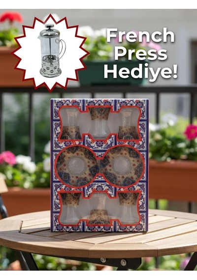 Topkapı 6 Kişilik Çay Seti, French Press Hediyeli, 9 Farklı Osmanlı Desenli Çay Bardağı Takımı 6, Topkapı Kır Diğer