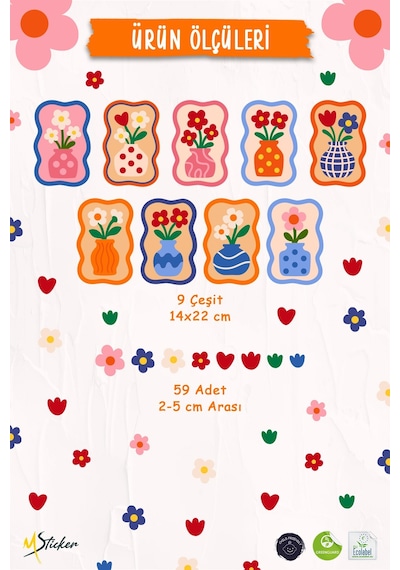 Renkli Çiçekli Vazo Duvar Sticker Seti 68 Parça, 9 Model, Çocuk Odası & Salon Dekorasyonu Dijital Baskı