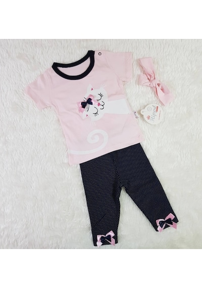 Candysbebe Hippil Kedili Alt Üst Bebek Takımı Pembe
