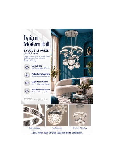 Eylül 5li Büyük Modern Ledli Avize Çizgili 3 Renk Power Ledli Krom Kaplama Kumandalı Yatak Odası Salon Mutfak