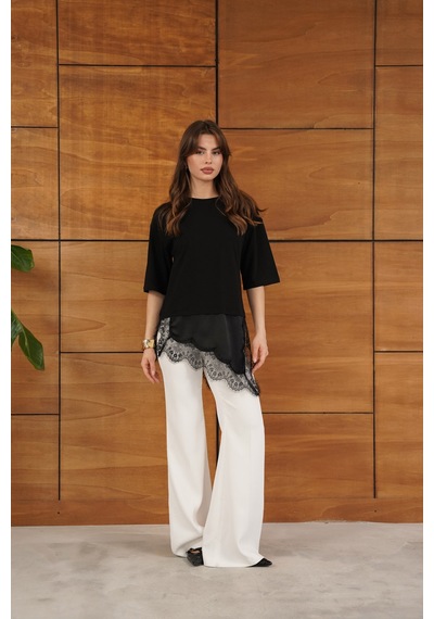 Verymoda Dantel Ve Saten Detaylı Asimetrik Tişört D2942 Siyah