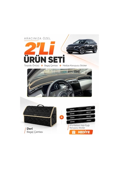 E-biz Hyundai Tucson 2021-2024 Uyumlu Torpido Örtüsü + Deri Bagaj Çantası Seti - Siyah-bej - Hu037