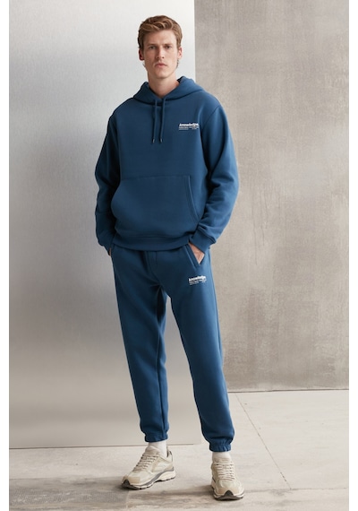 Grimelange Martel Erkek Yumuşacık Içi Polarlı Baskılı Regular Kordonlu Mavi Sweatshirt
