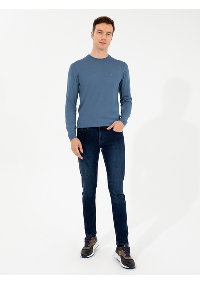 Cacharel Mavi Slim Fit Bisiklet Yaka Basic Triko Kazak
