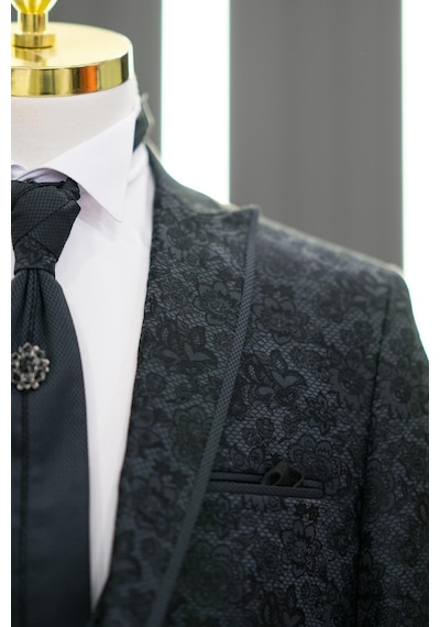 Sivri Yaka Yelekli Flarlı Çiçek Desenli Pantolon Kombinli Slimfit Smokin Takım Elbise 001