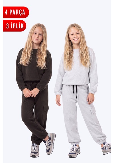 Panios Kids 3 İplik Kız Çocuk Düz Kısa Bel Sweatshirt Bisiklet Yaka 2'li Eşofman Takımı Kahverengi-gri Panios Kids 3 İplik Kız Çocuk Düz Kısa Bel Sweatshirt Bisiklet Yaka 2'li Eşofman Takımı Kahverengi-gri
