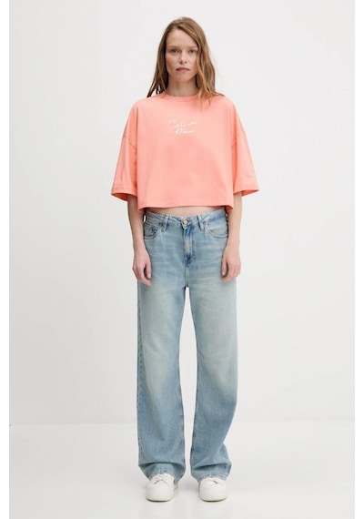 Cropped Boxy Chain Stitch Logo Turuncu Kadın T-shirt-8680 Turuncu