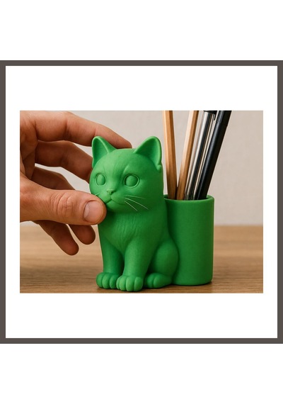 Bezos 3d Baskı Kedi Figürlü Kalemlik - Masaüstü Organizer - Yeşil Nxrlvng