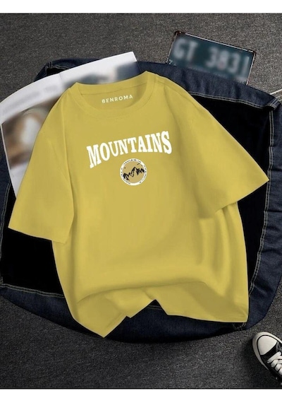 Oversıze Mountaıns Baskılı Unısex Tisort Baskılı Sari