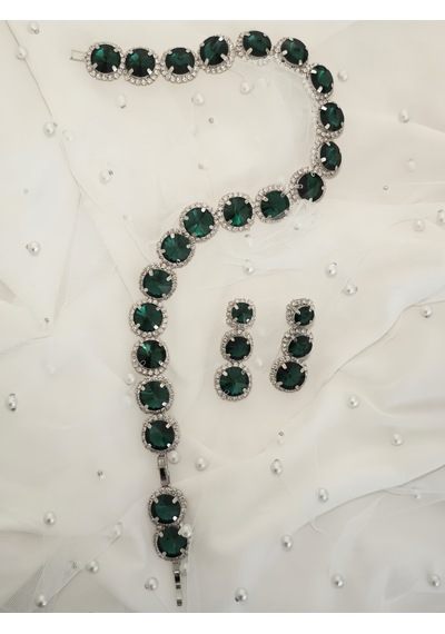 Riviere Kristal Taşlı Çiçek Model Yeşil Renkli Kolye Küpe Set