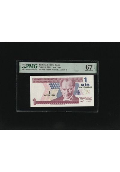 Bir Yeni Türk Lirası 1 Ytl P216 2005 Pmg 67 Epq Superb Gem Unc S/n A01 749500 8.ems 1. Tertip
