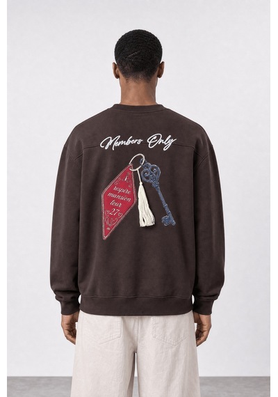 Respire Erkek Members Only Baskılı Oversize Sweatshirt Kahve