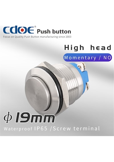 19Mm Metal Buton Çıkık Paslanmaz/Çelik Ip65 5A 250Vac 2P 1No