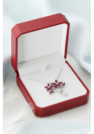 Çekirdekjewelry 925 Ayar Gümüş Kırmızı Taşlı Buket Kolye Gri