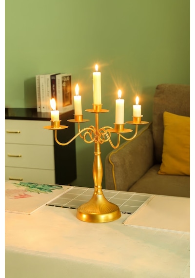 5 Gözlü Şık Restoran Düğün Şamdan Dekoratif Metal Mat Gold Mumluk Mt282sr Altın