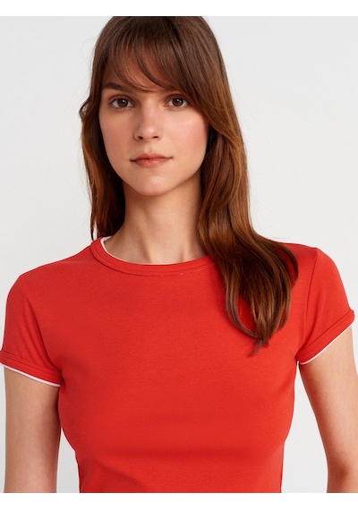 Dilvin 31750 Kontrast Kısa Kollu Tshirt-kırmızı Kirmizi