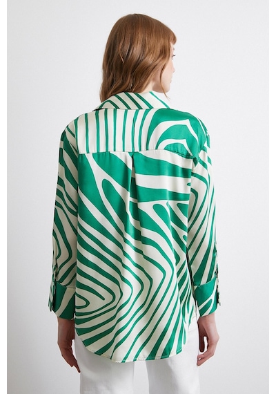 Never More Zebra Desen V Yaka Gömlek Yeşil Yeşil