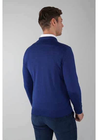 Bisse Indigo Polo Yaka Fermuarlı Ön Jakar Yün Erkek Triko Tr23k23204 D66 Indigo