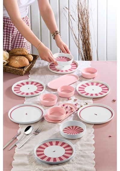 Kitchen Life 14 Parça 6 Kişilik Lovely Birds Kahvaltı Takımı-lüx Kahvaltılık Sunum Seti Tabağı Pembe