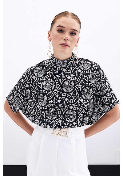 Sateen Kısa Kol Desenli Bluz - Siyah-135898 Siyah
