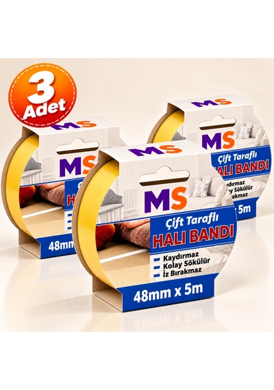 3 Adet Premium Çift Taraflı Halı Bandı 48 Mm X 5 Metre Yapışkanlı Kaydırmaz Kaymaz Bantı Kilim Paspas