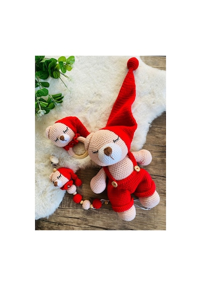 Adenya Sepeti Sepeti Masala Ayıcık Set Kırmızı Renk Örgü Amigurumi Oyuncak + Diş Kaşıyıcı + Emzik Askısı