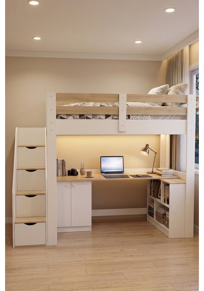 Rüzgar Ranza Çalışma Masalı, Kitaplıklı Ve Dolaplı Ranza - Beyaz Ceviz 90 x 190