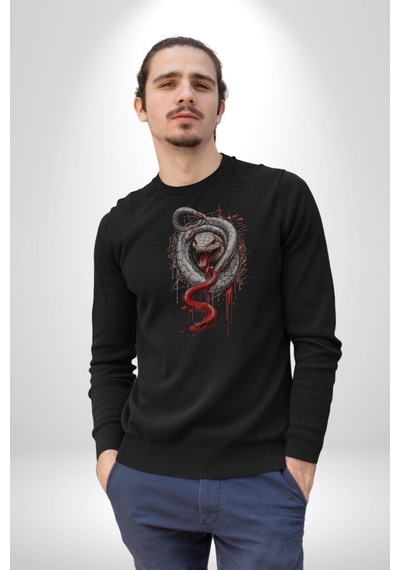 Beyaz Ve Kırmızı Yılan Unisex Siyah Baskılı Sweatshirt Siyah