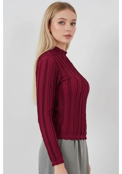 Hiccup Bdart Dokulu Slim Fit Dik Yaka Bluz Bordo Kırmızı