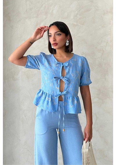 Verymoda Önden Bağlamalı Nakışlı Bluz D2788 Açık Mavi