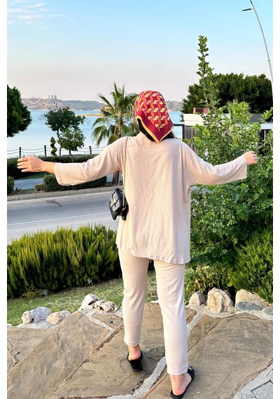 Taş Renk Cep Detaylı Dar Paça Kimono Takım Taş