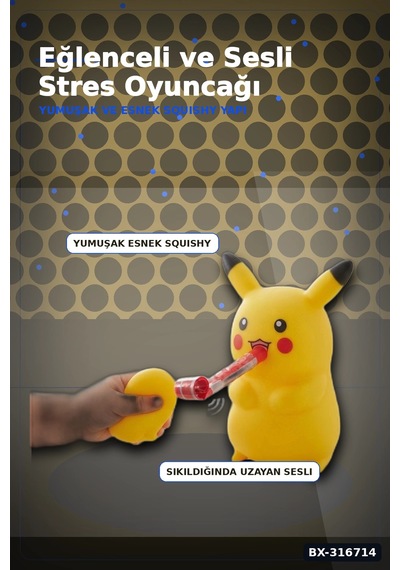 Pikaçu Squishy Sesli Stres Oyuncağı Düdük Mekanizmalı Esnek Figür 12 Adet Bx-316714