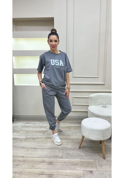 Usa T-shirt Eşofman Altı Jogger- Beyaz Baskılı Füme Eşofman Takım Oversize Bisiklet Yaka Füme-279498