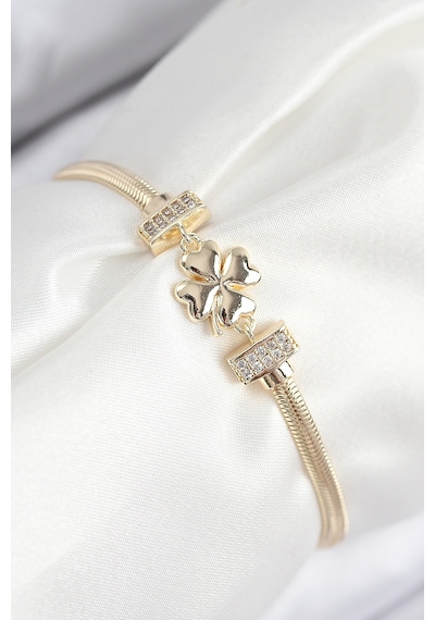 Pirinç Zirkon Taşlı Yonca Model Gold Renk Kadın Bileklik Çok Renkli 77358146