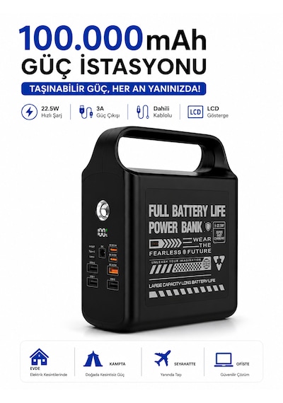 100000mah Powerbank 22.5w Hızlı Şarj Dahili Kablolu Lcd Ekranlı Led Fenerli 3a Taşınabilir Güç İstasyonu siyah