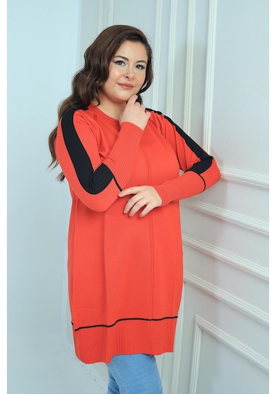 By Saygı Kadın Kolları Şeritli Büyük Beden Tunik Bluz-41849 Oranj