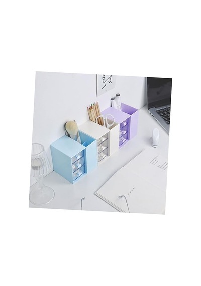 Masaüstü Kalemlik Organizer 7 Bölmeli Kawaii Kapaklı Mini Çekmeceli Kalemlik - Mavi