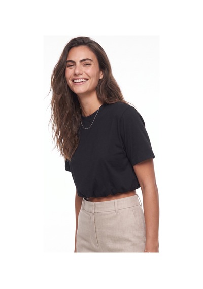Onloox Kadın Siyah Siyah Viskon Karışımlı Bisiklet Yaka Kısa Kollu Balon Form Beli Lastikli Crop T-shirt Onloox Kadın Siyah Siyah Viskon Karışımlı Bisiklet Yaka Kısa Kollu Balon Form Beli Lastikli Crop T-shirt