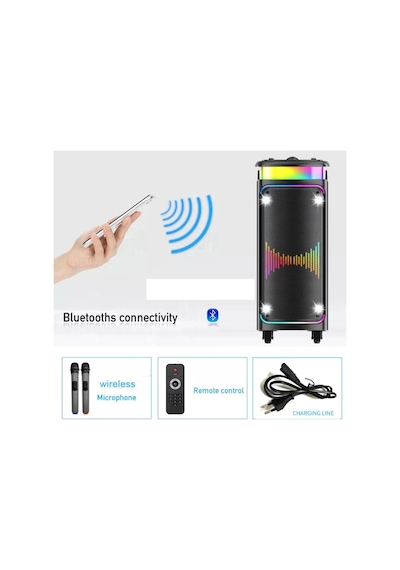 Büyük Boy Çift Kablosuz Mikrofonlu Bluetooth Hoparlör Taşınabilir Tekerlekli Speaker