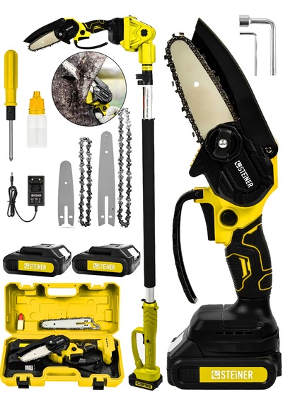 Steiner 18v Çift Akülü Çelik Şanzıman 15cm Dal Budama Testeresi Sarı + 2 Metre Teleskopik Sap