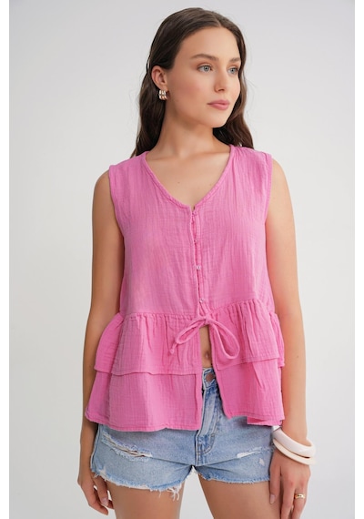 Mixray 4722 Kadın V Yaka Fırfırlı Müslin Bluz Pembe