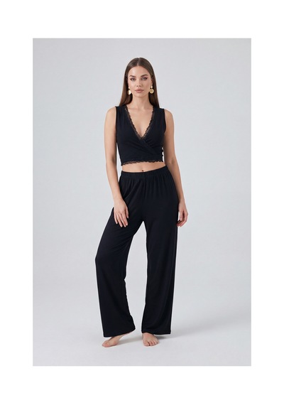 Lela Yumuşak Dokulu Sırtı Bağlamalı Dantelli Crop Pijama Takımı Bayan Pijama Takımı 6575015 Siyah